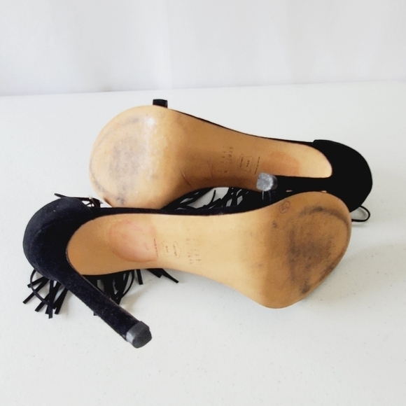 Stuart Weitzman Suede Love Fringe Sandal Size 9 Ankle Strap Black Stiletto Heel - Picture 5 of 16